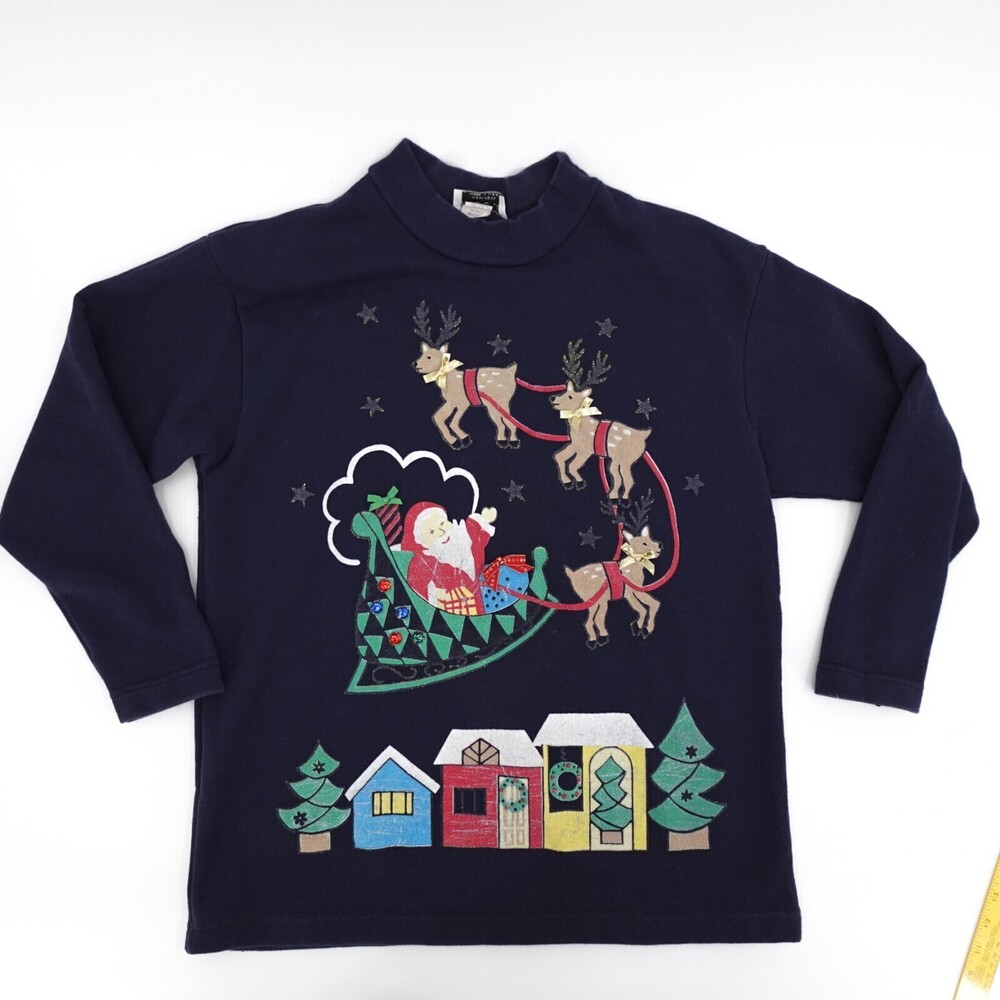 Vintage Ugly Christmas Sweater Loft Womens Navy Shoulder Pads Santa Reindeer